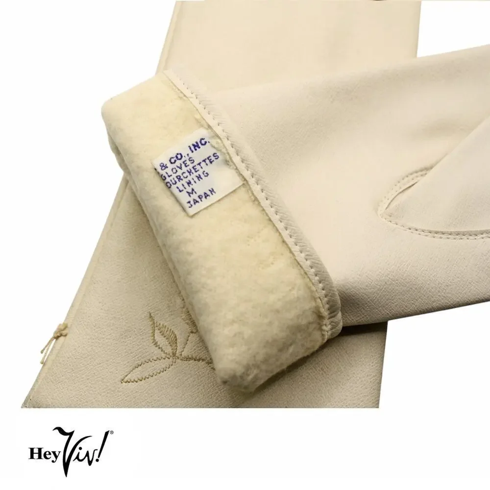 Vintage Max Myer Gloves Embroidered Ivory Vinyl w WT Grant Tag Japan - Hey Viv